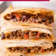 Sheet pan quesadillas Pinterest graphic with text and photos.