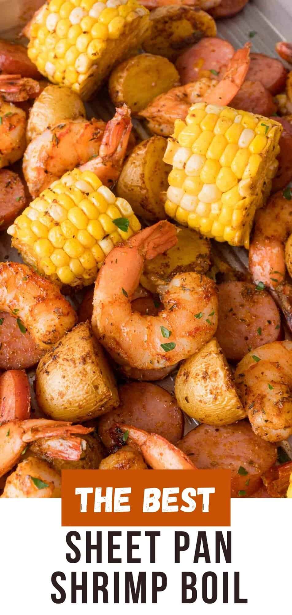 Sheet pan shrimp boil Pinterest graphic with text and photos.
