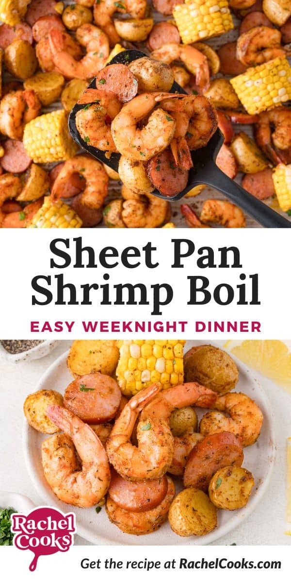 Sheet pan shrimp boil Pinterest graphic with text and photos.