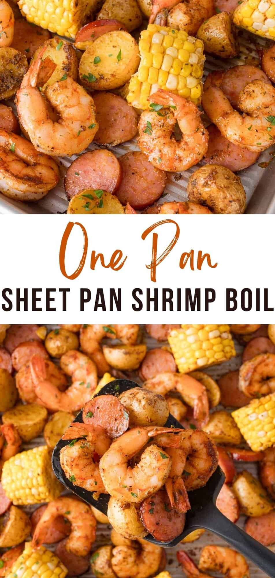 Sheet pan shrimp boil Pinterest graphic with text and photos.