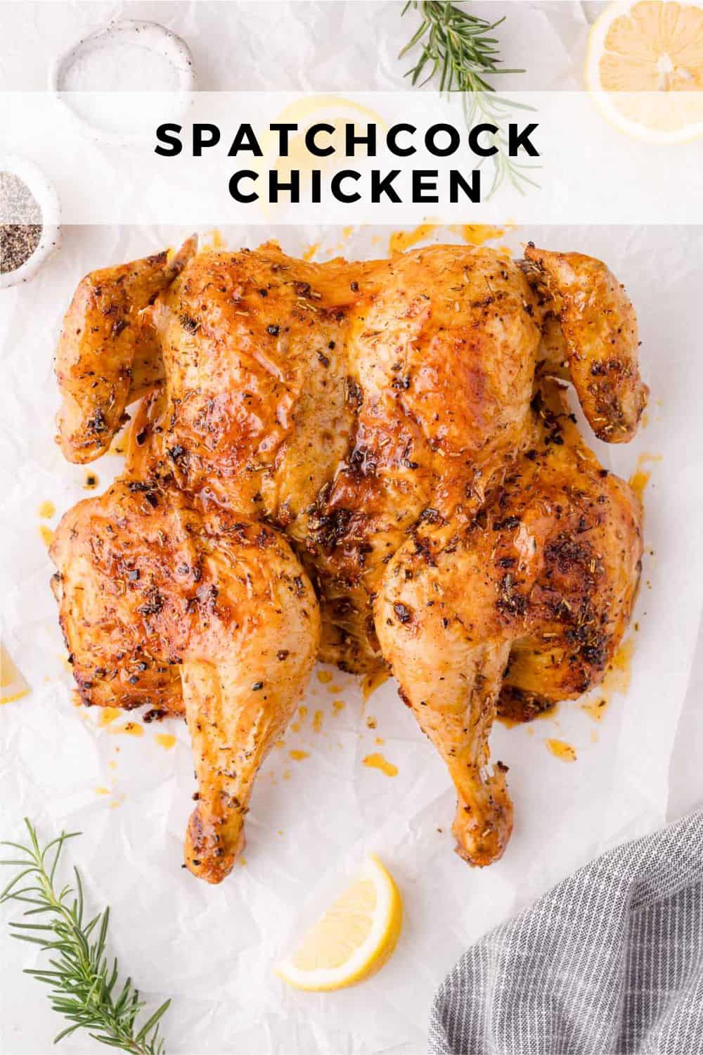 Spatchcock chicken Pinterest graphic with text and photos.