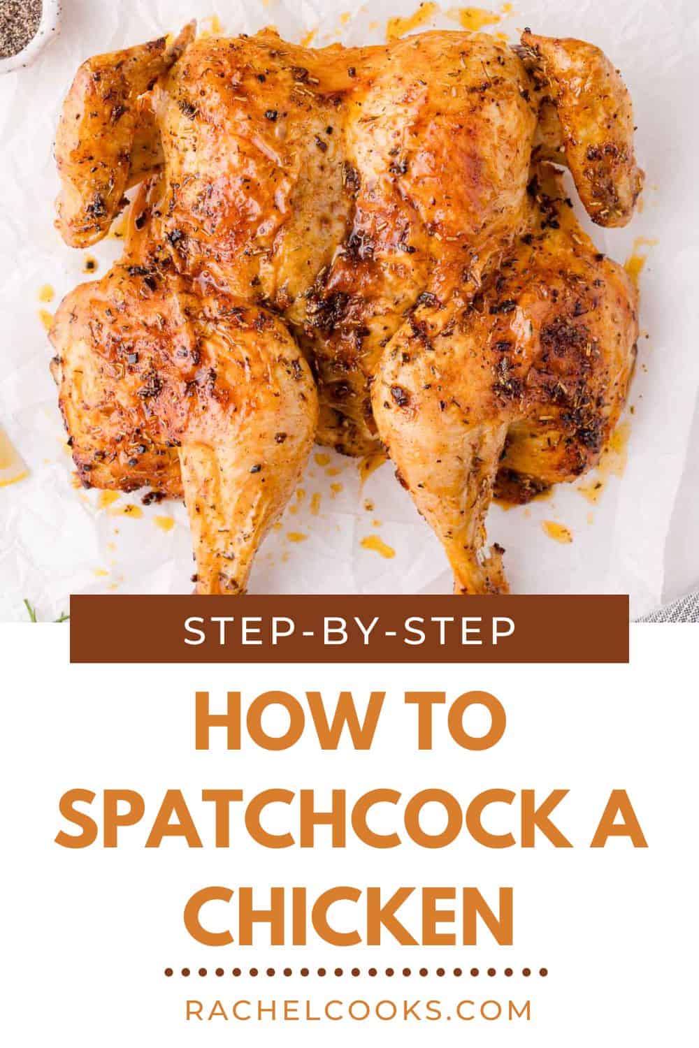 Spatchcock chicken Pinterest graphic with text and photos.