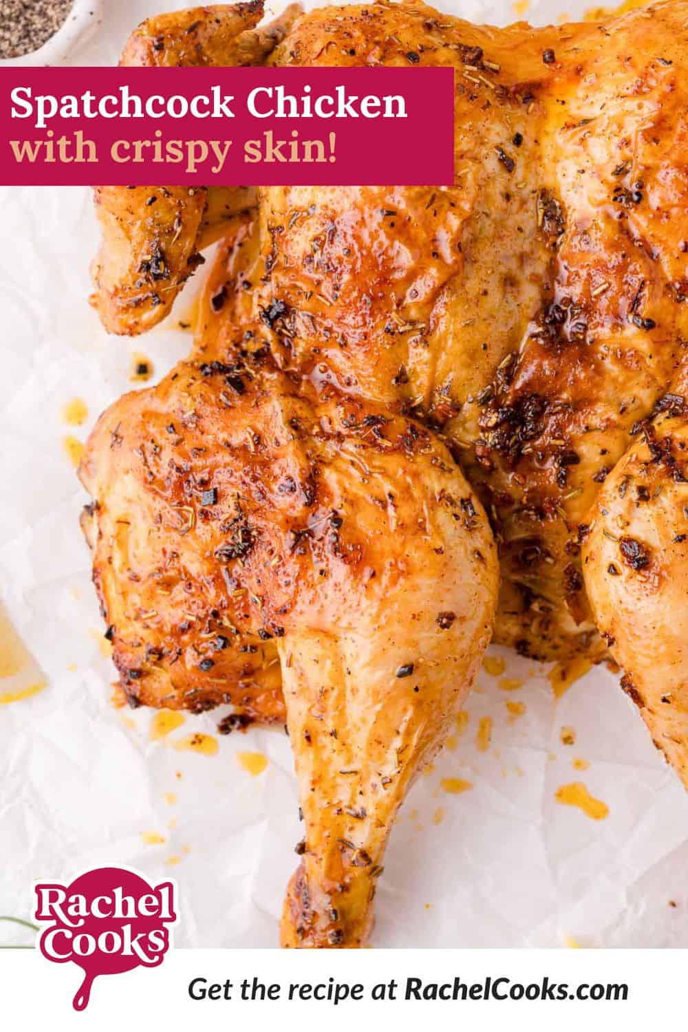 Spatchcock chicken Pinterest graphic with text and photos.