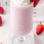 Strawberry milkshake Pinterest graphic with text and photos.