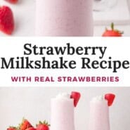 Strawberry milkshake Pinterest graphic with text and photos.