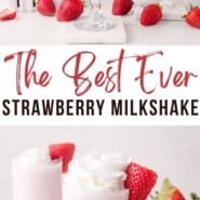Strawberry milkshake Pinterest graphic with text and photos.