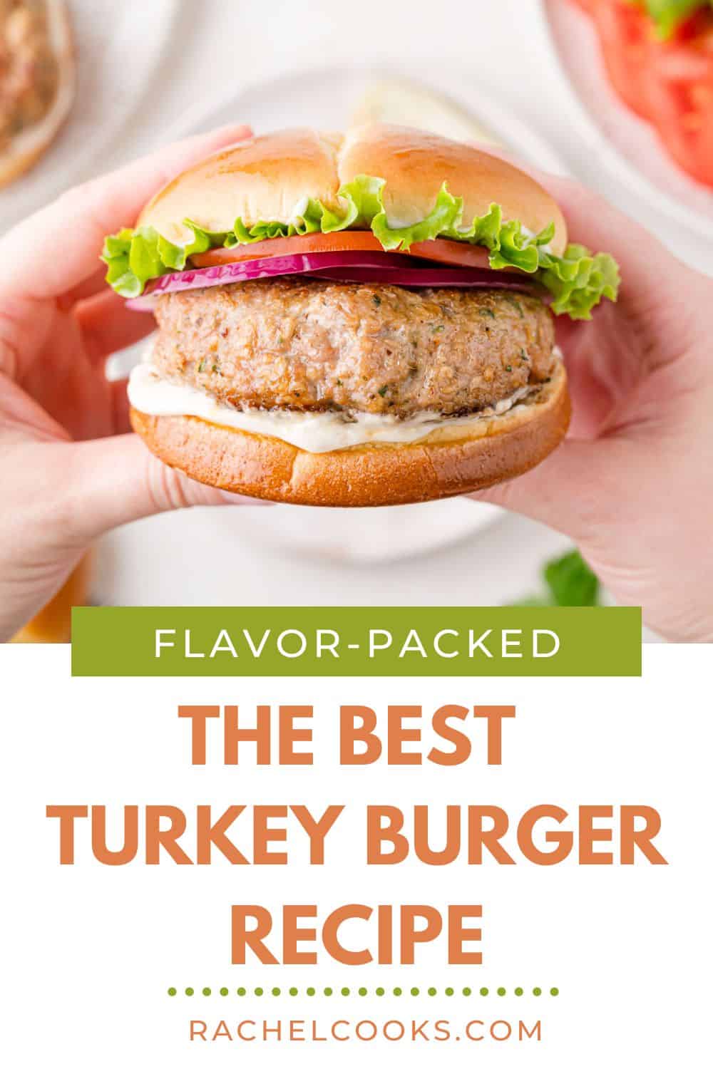 Turkey burger Pinterest graphic with text and photos.