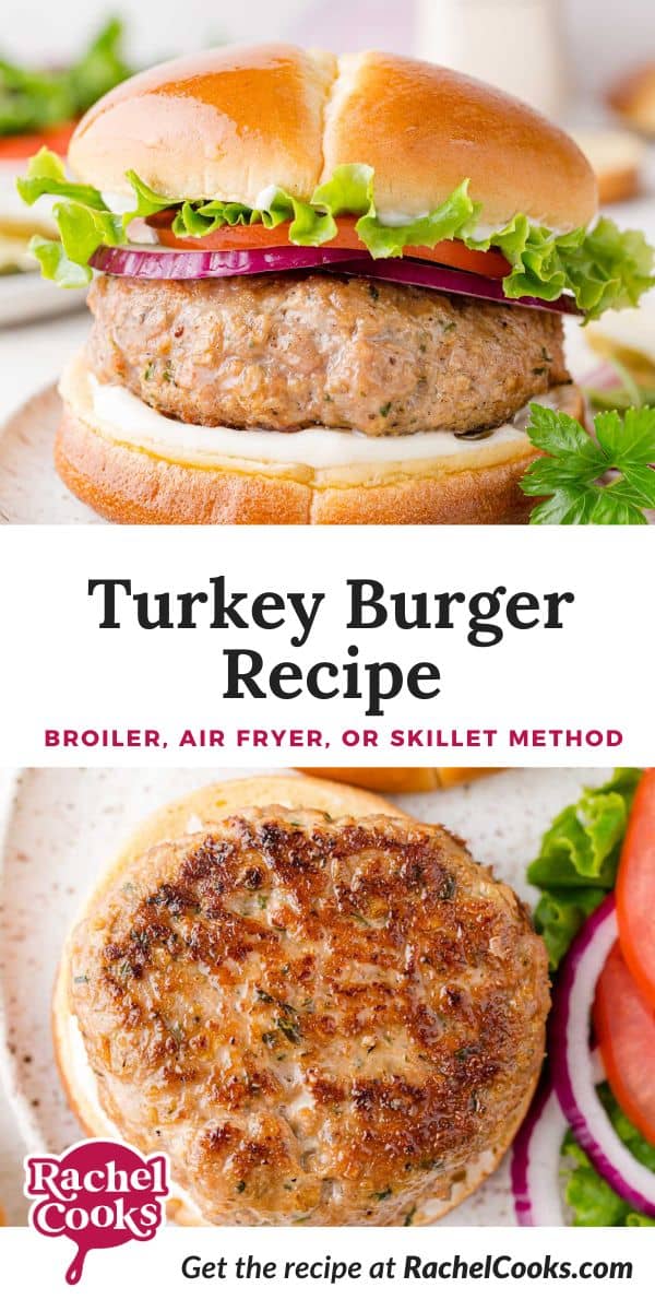 Turkey burger Pinterest graphic with text and photos.