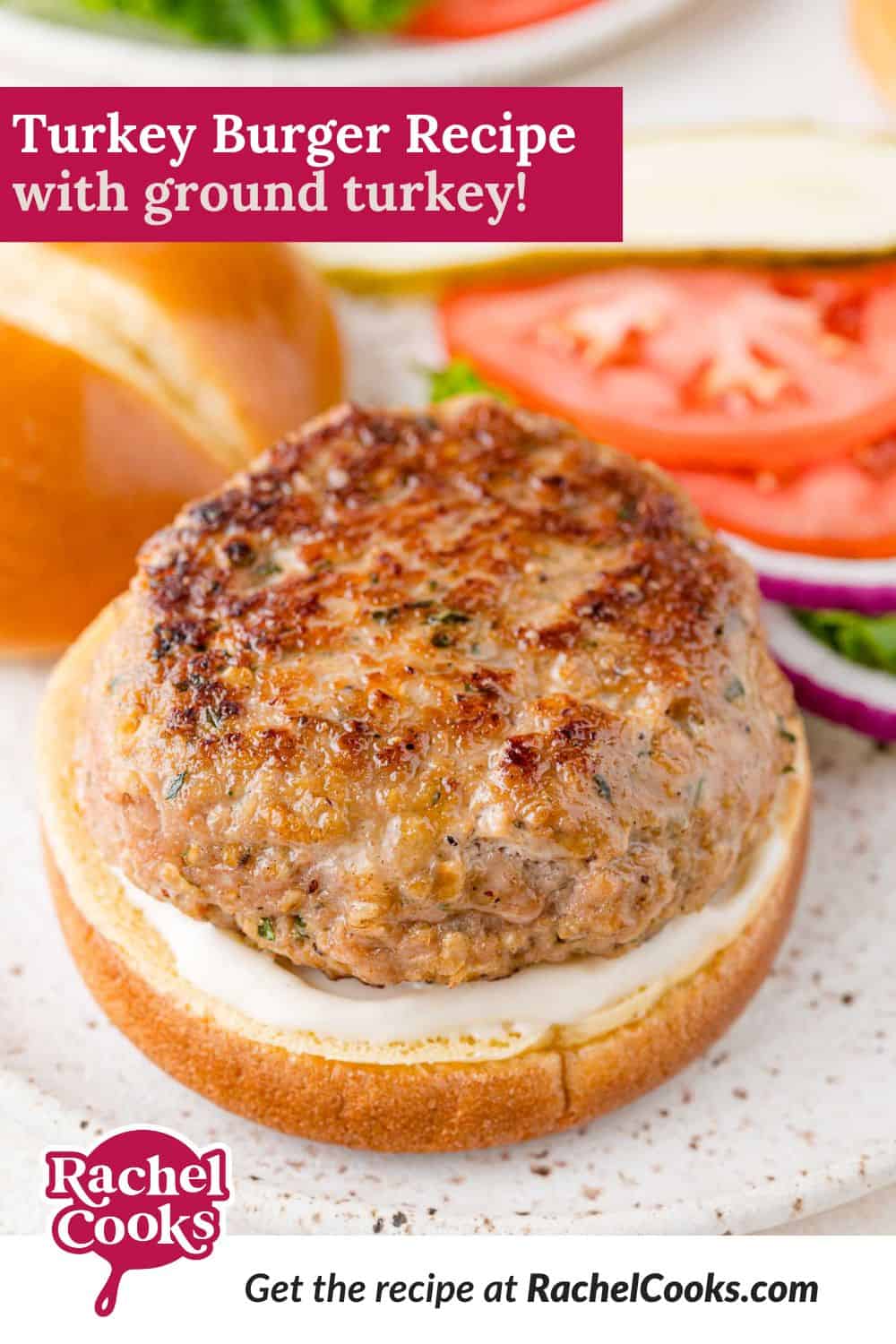 Turkey burger Pinterest graphic with text and photos.
