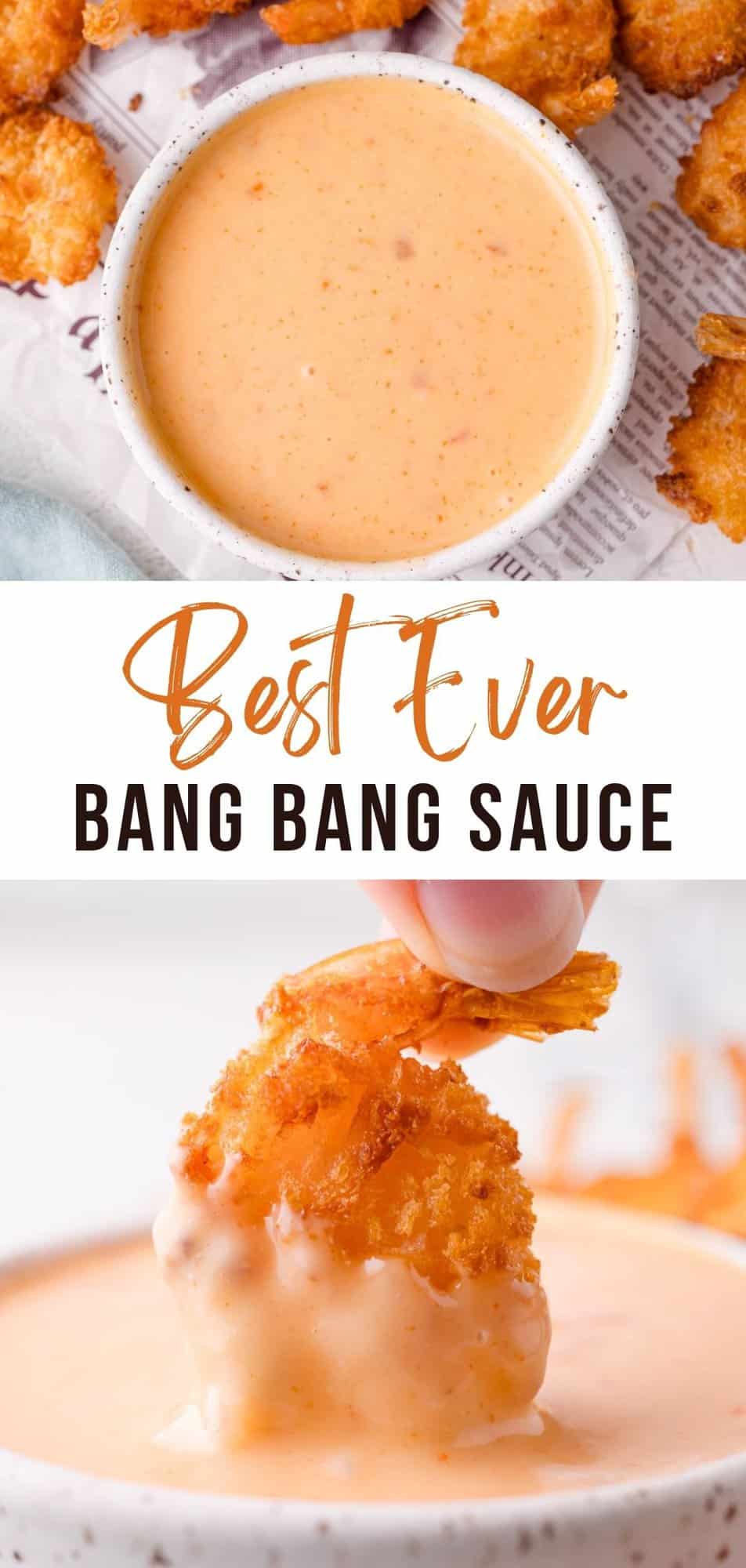 Bang bang sauce Pinterest graphic with text and photos.