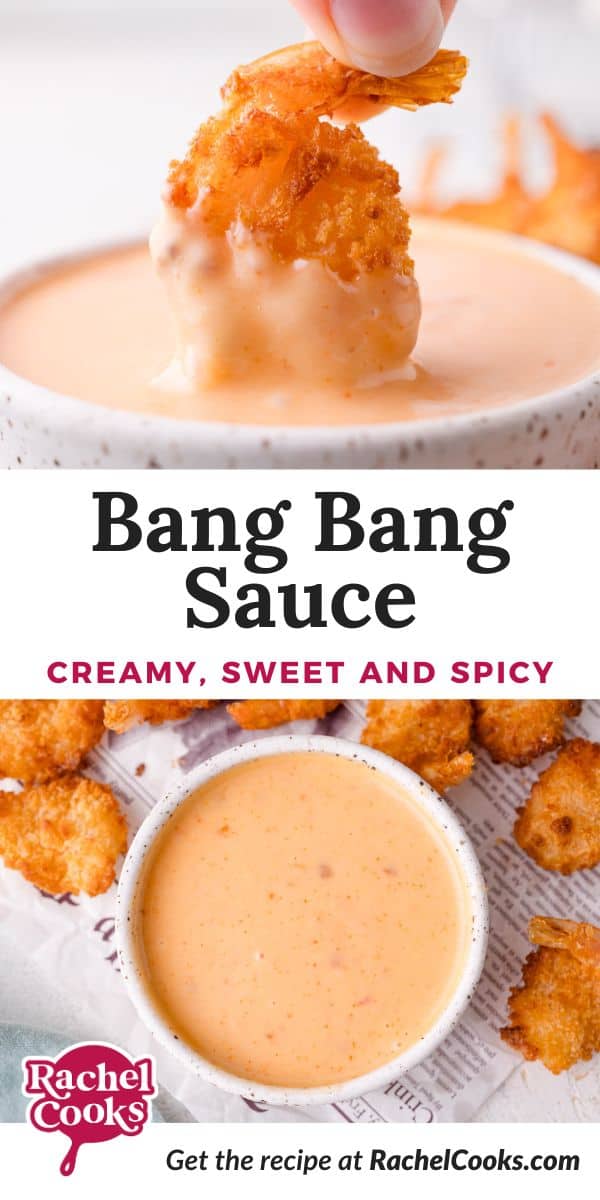 Bang bang sauce Pinterest graphic with text and photos.