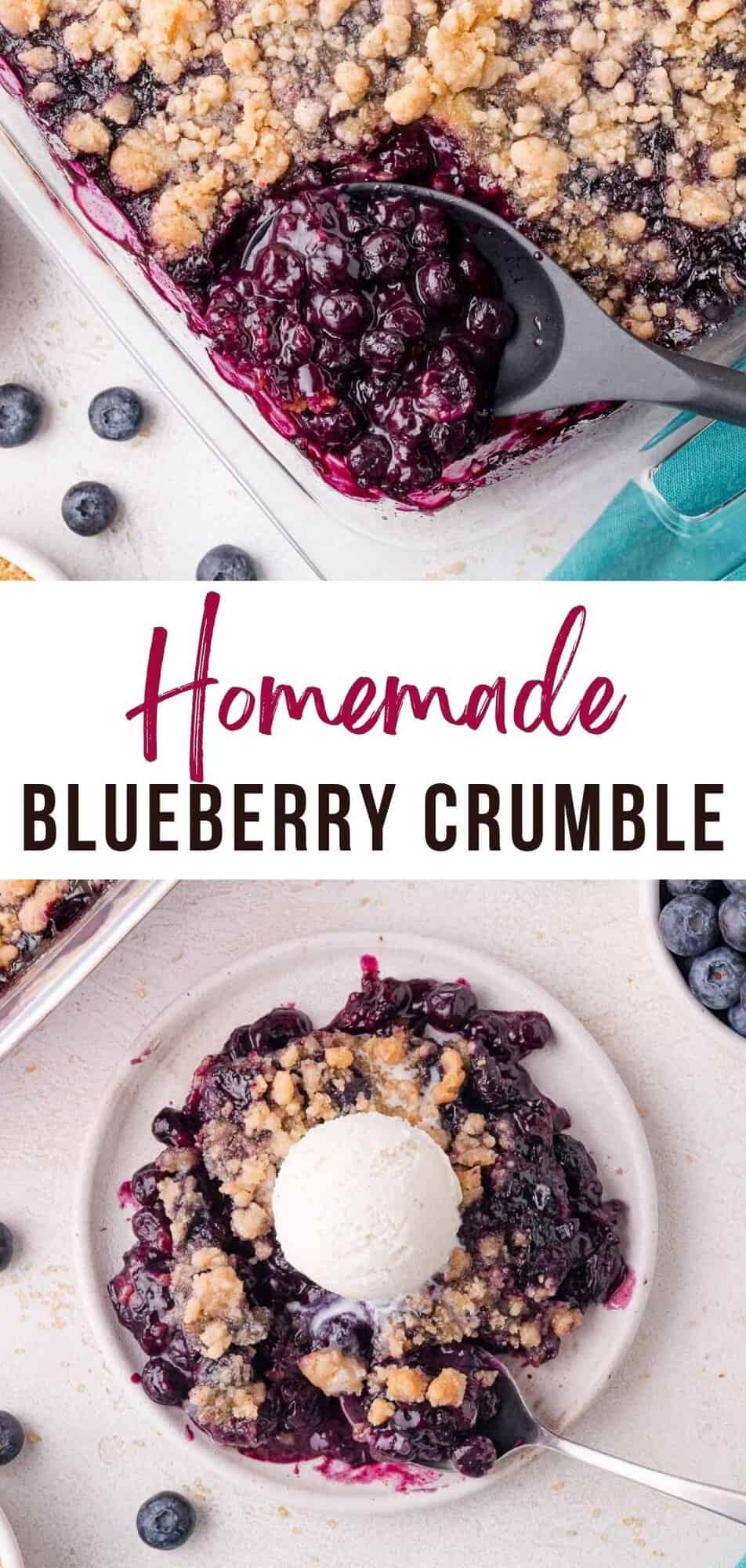 Blueberry crumble Pinterest graphic with text and photos.