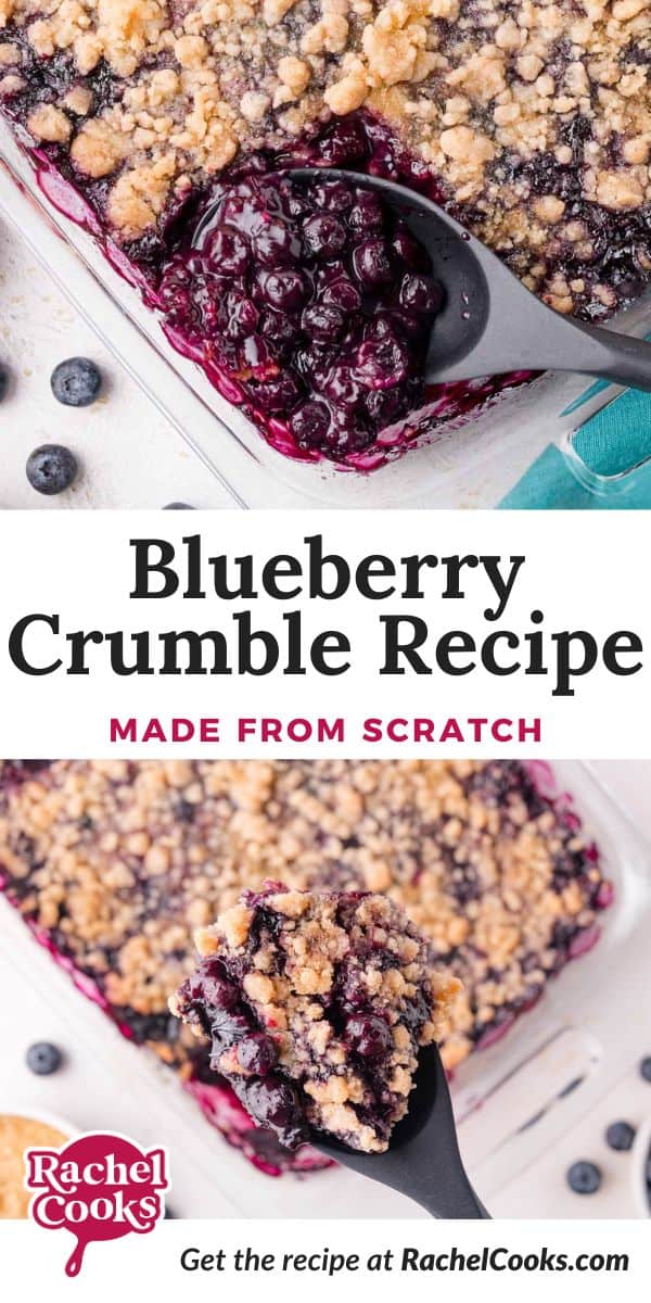Blueberry crumble Pinterest graphic with text and photos.