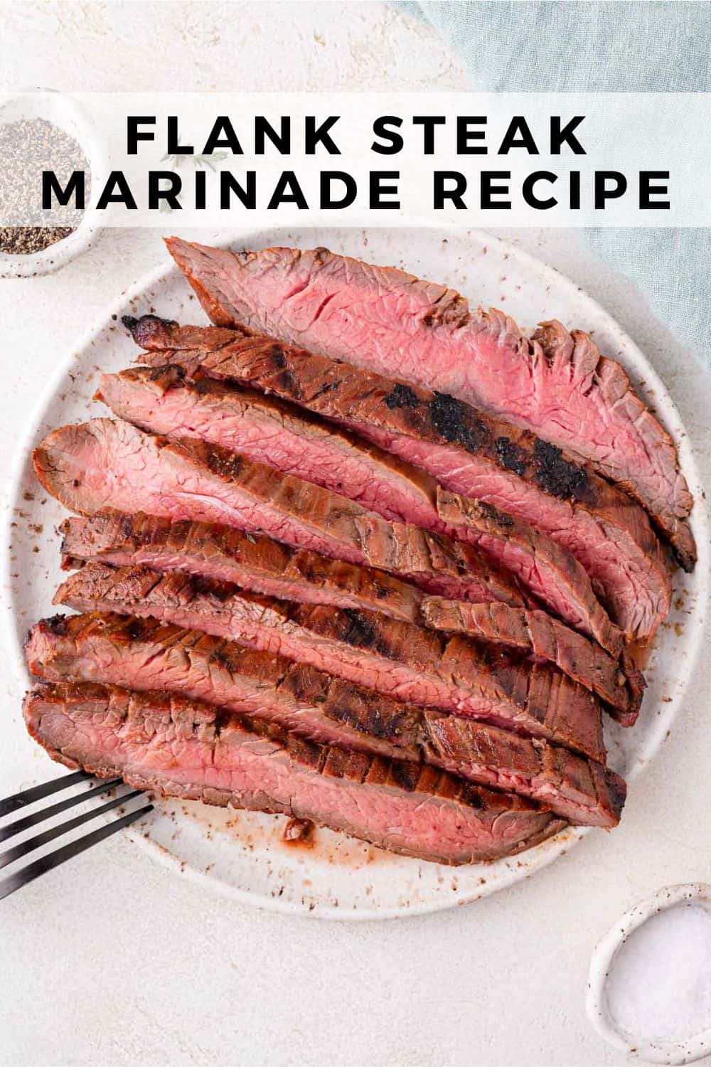 Flank steak marinade Pinterest graphic with text and photos.
