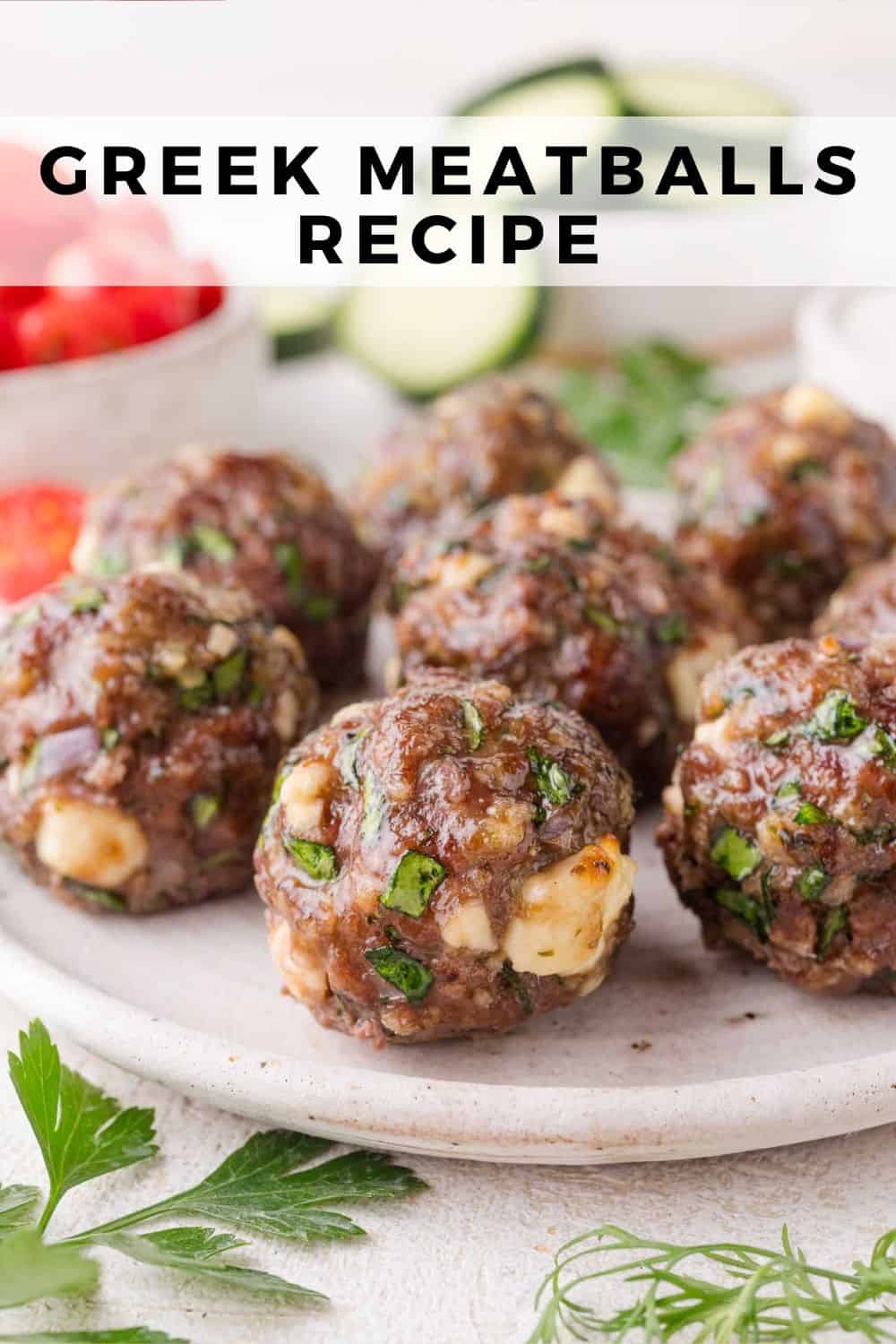 Greek meatballs Pinterest graphic with text and photos.