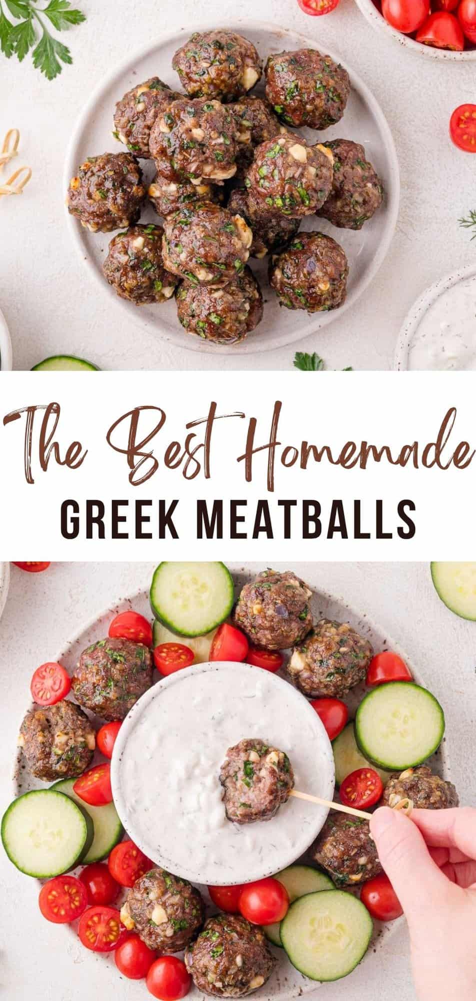 Greek meatballs Pinterest graphic with text and photos.