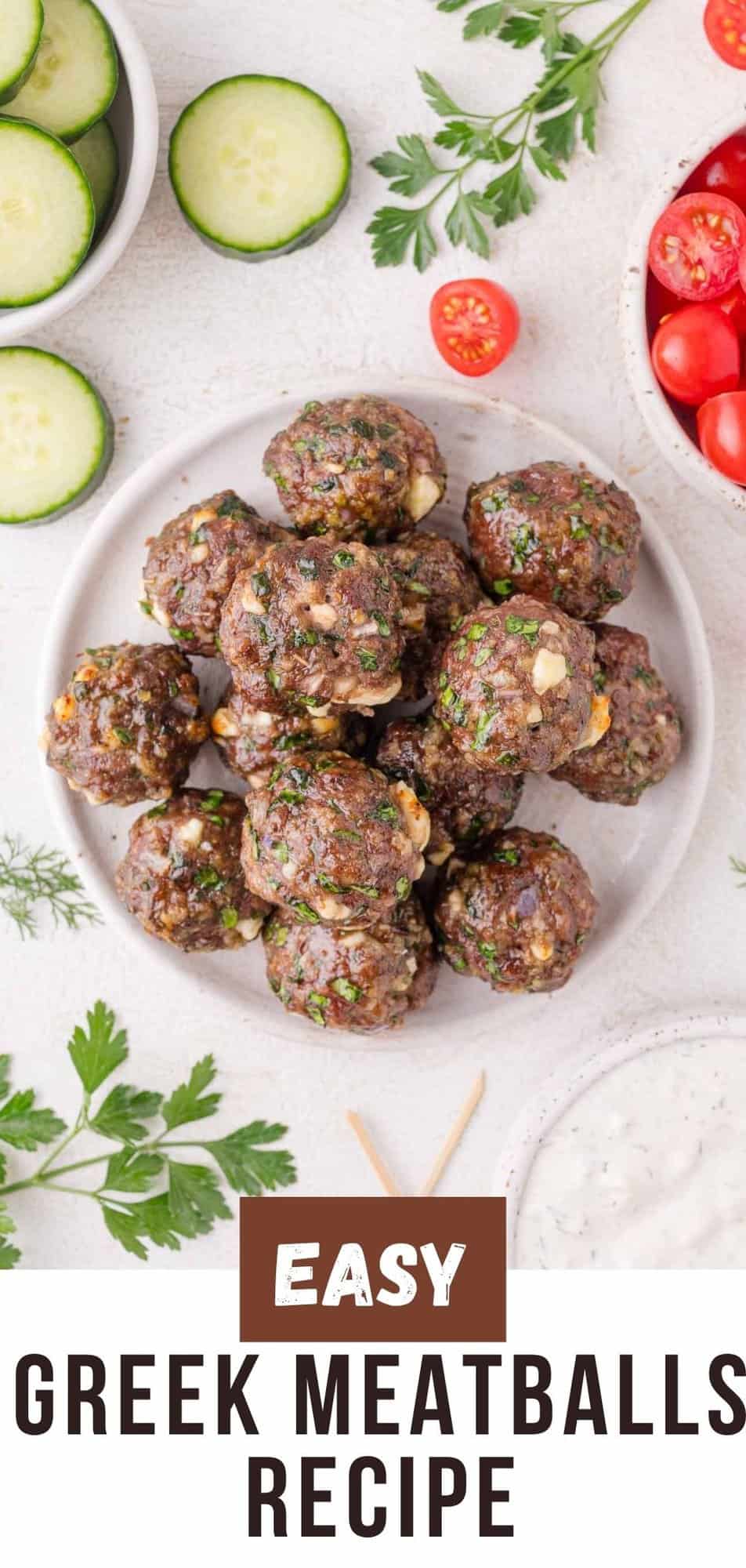 Greek meatballs Pinterest graphic with text and photos.