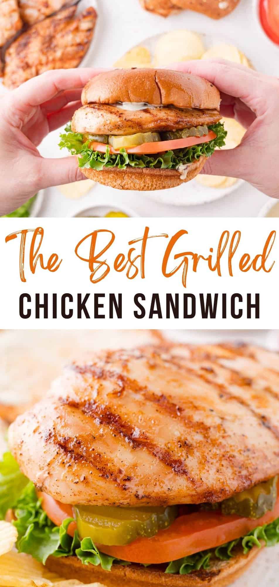 Grilled chicken sandwich Pinterest graphic with text and photos.
