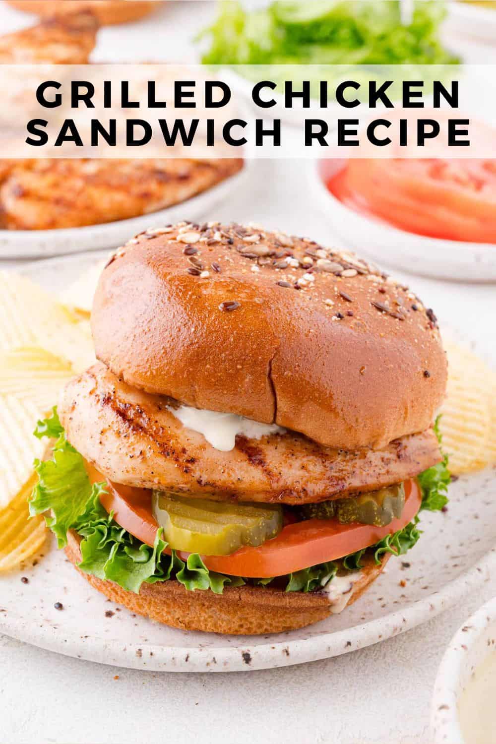 Grilled chicken sandwich Pinterest graphic with text and photos.