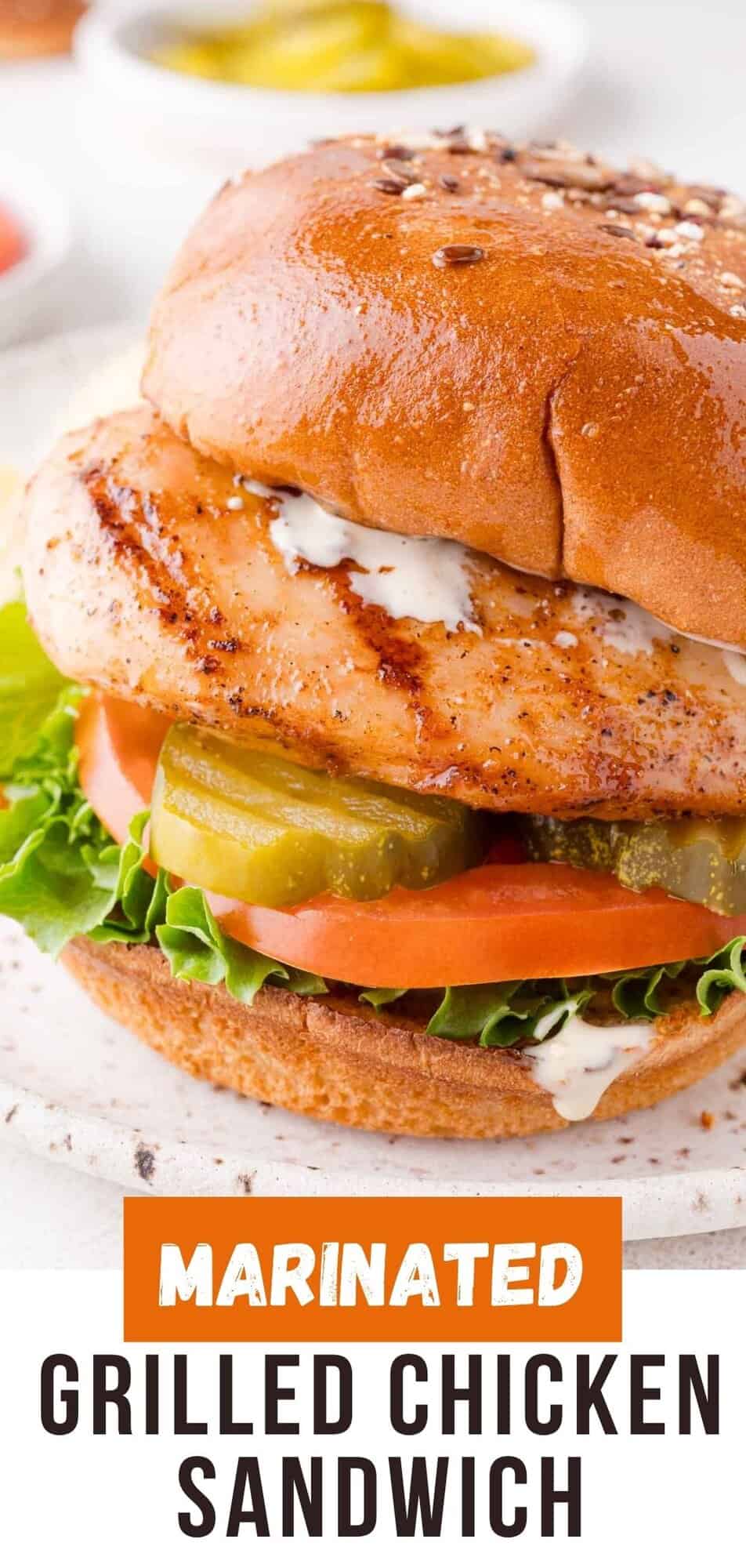 Grilled chicken sandwich Pinterest graphic with text and photos.