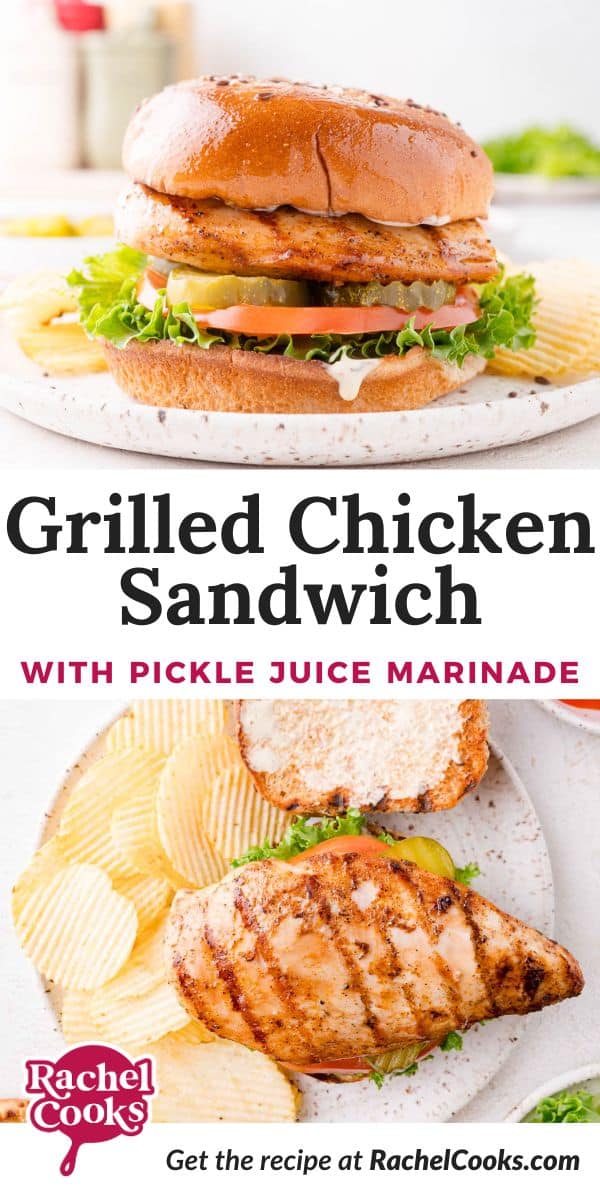 Grilled chicken sandwich Pinterest graphic with text and photos.