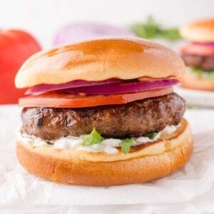 A lamb burger with sliced tomato, red onion, lettuce, and white sauce in a toasted bun, shown on a white surface.