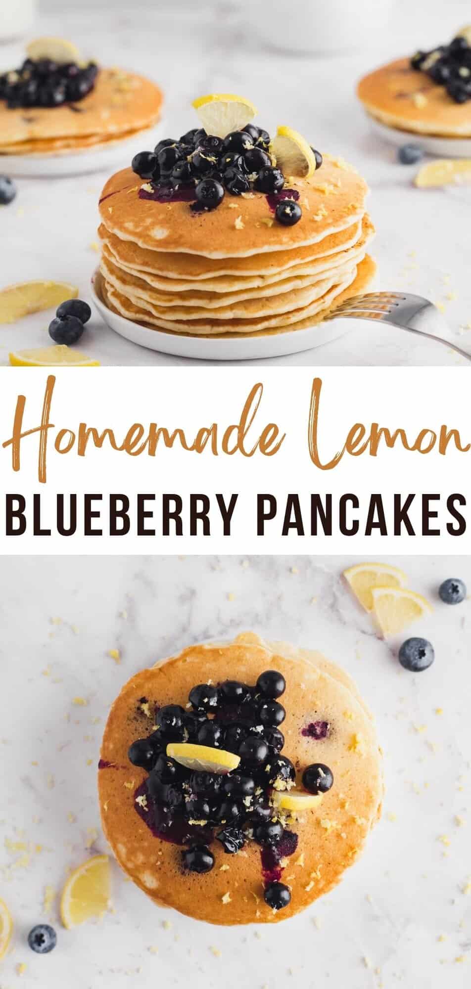 Lemon blueberry pancakes Pinterest graphic with text and photos.