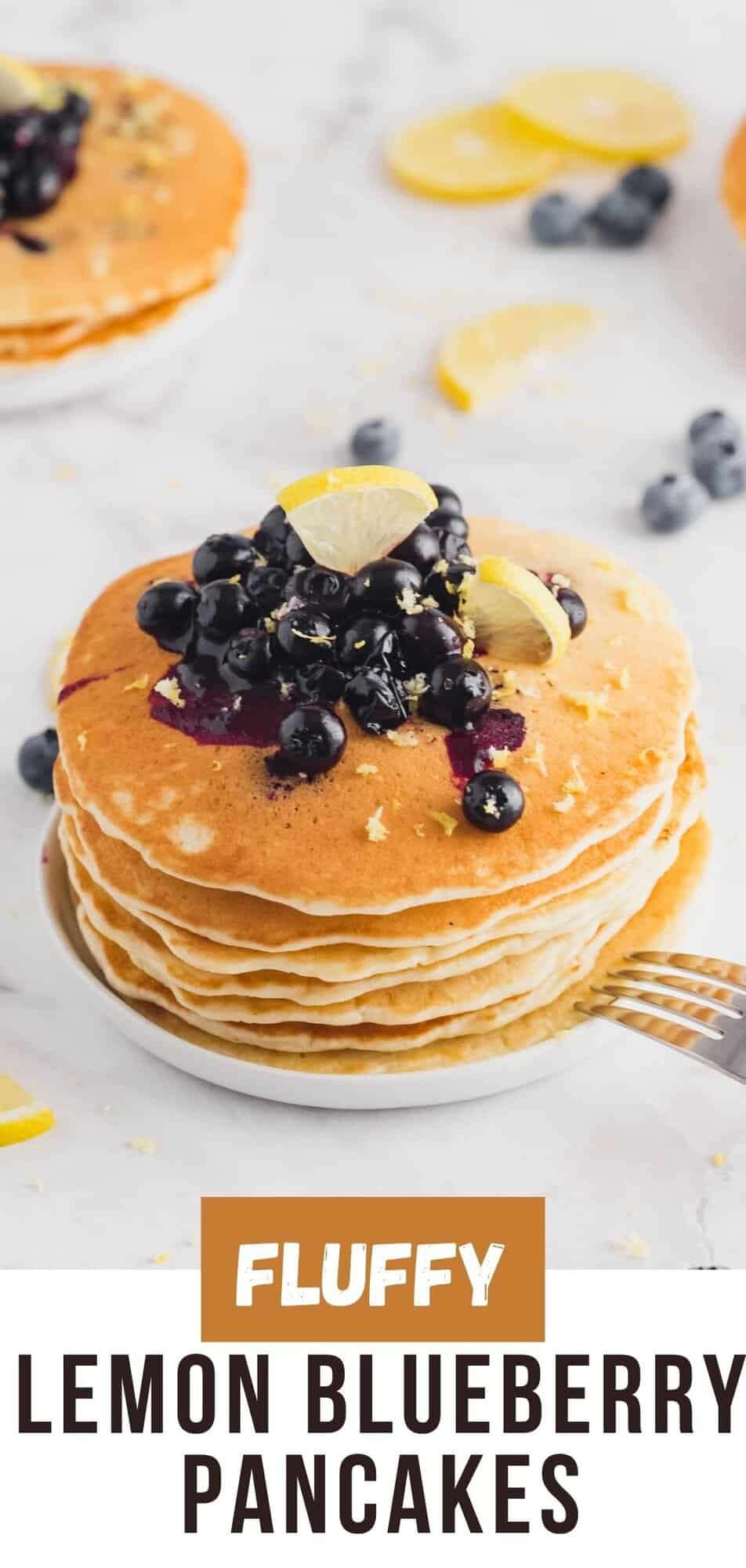 Lemon blueberry pancakes Pinterest graphic with text and photos.