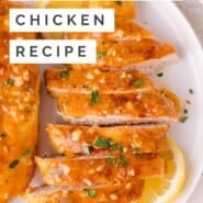 Lemon butter chicken Pinterest graphic with text and photos.