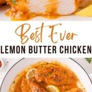 Lemon butter chicken Pinterest graphic with text and photos.