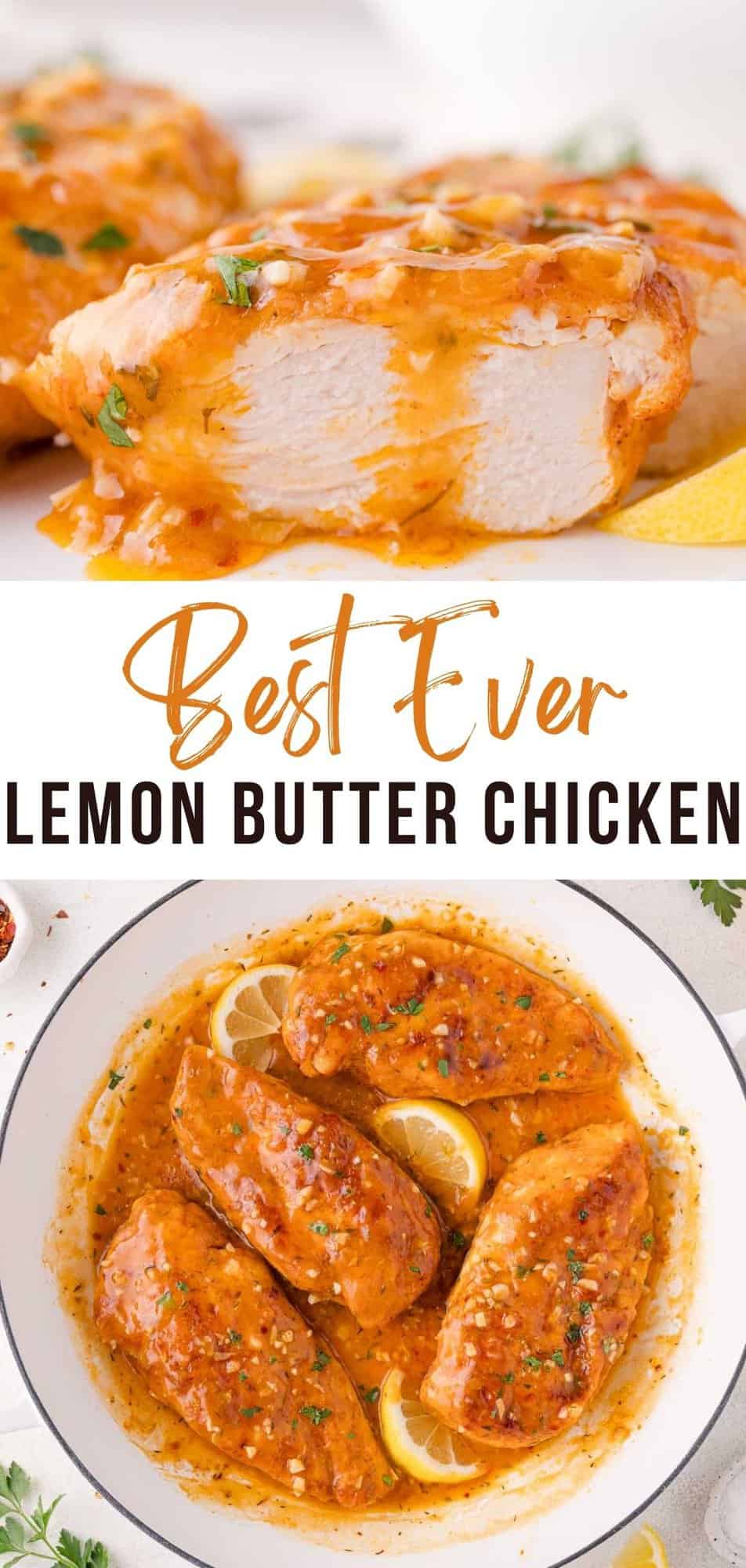 Lemon butter chicken Pinterest graphic with text and photos.
