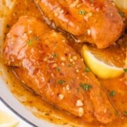 Lemon butter chicken Pinterest graphic with text and photos.