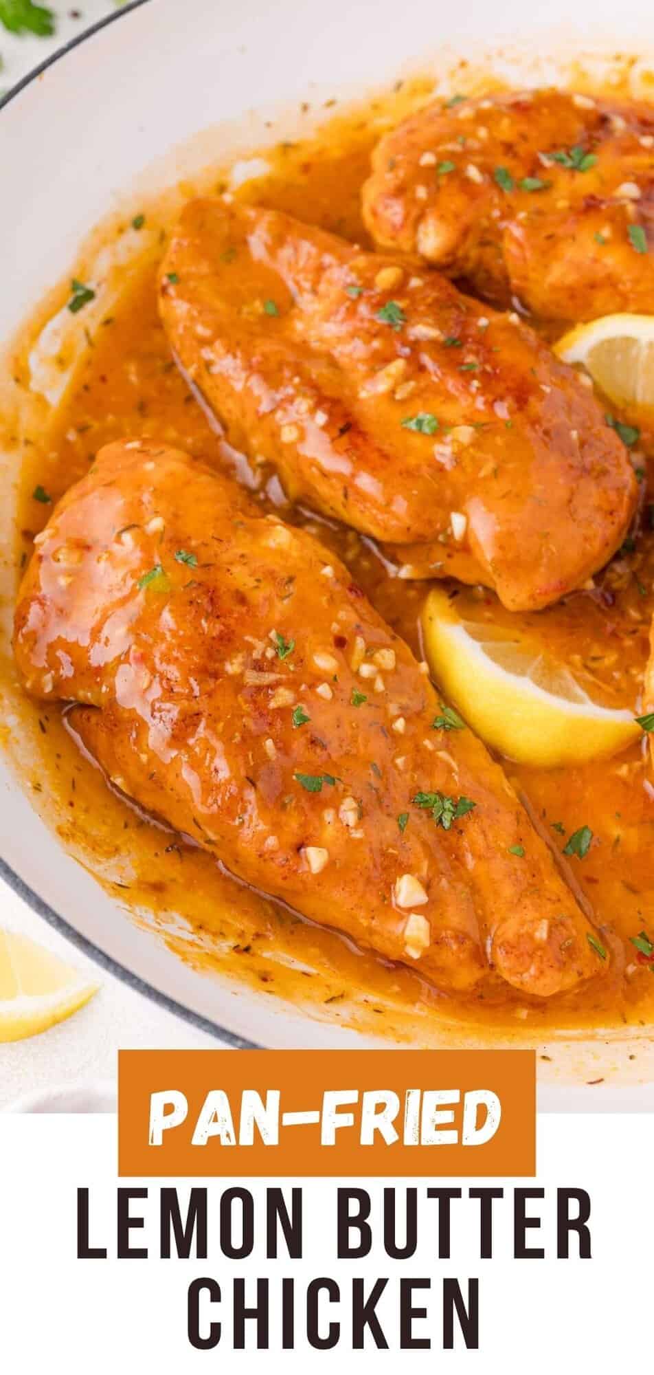Lemon butter chicken Pinterest graphic with text and photos.