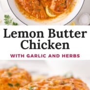 Lemon butter chicken Pinterest graphic with text and photos.