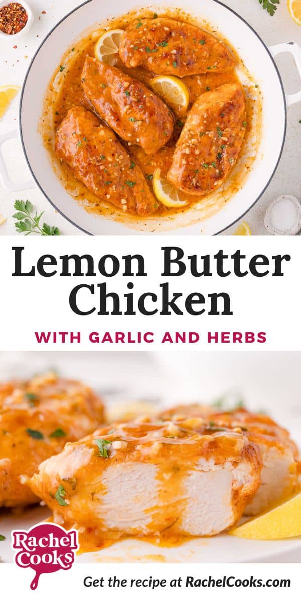 Lemon butter chicken Pinterest graphic with text and photos.