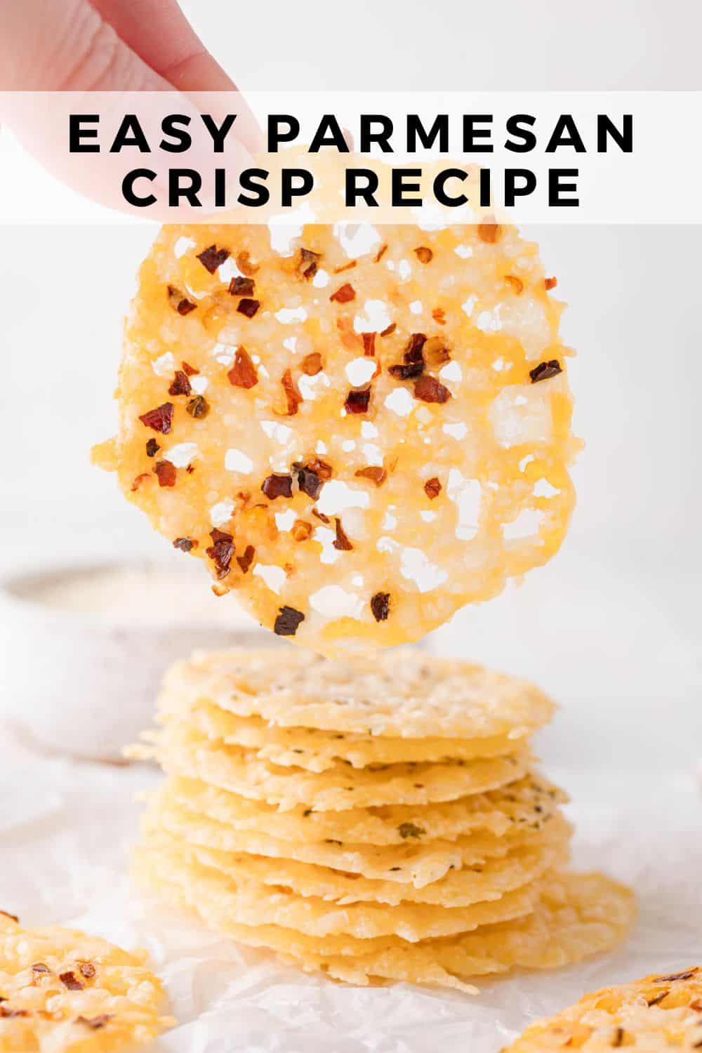 Parmesan crisp Pinterest graphic with text and photos.