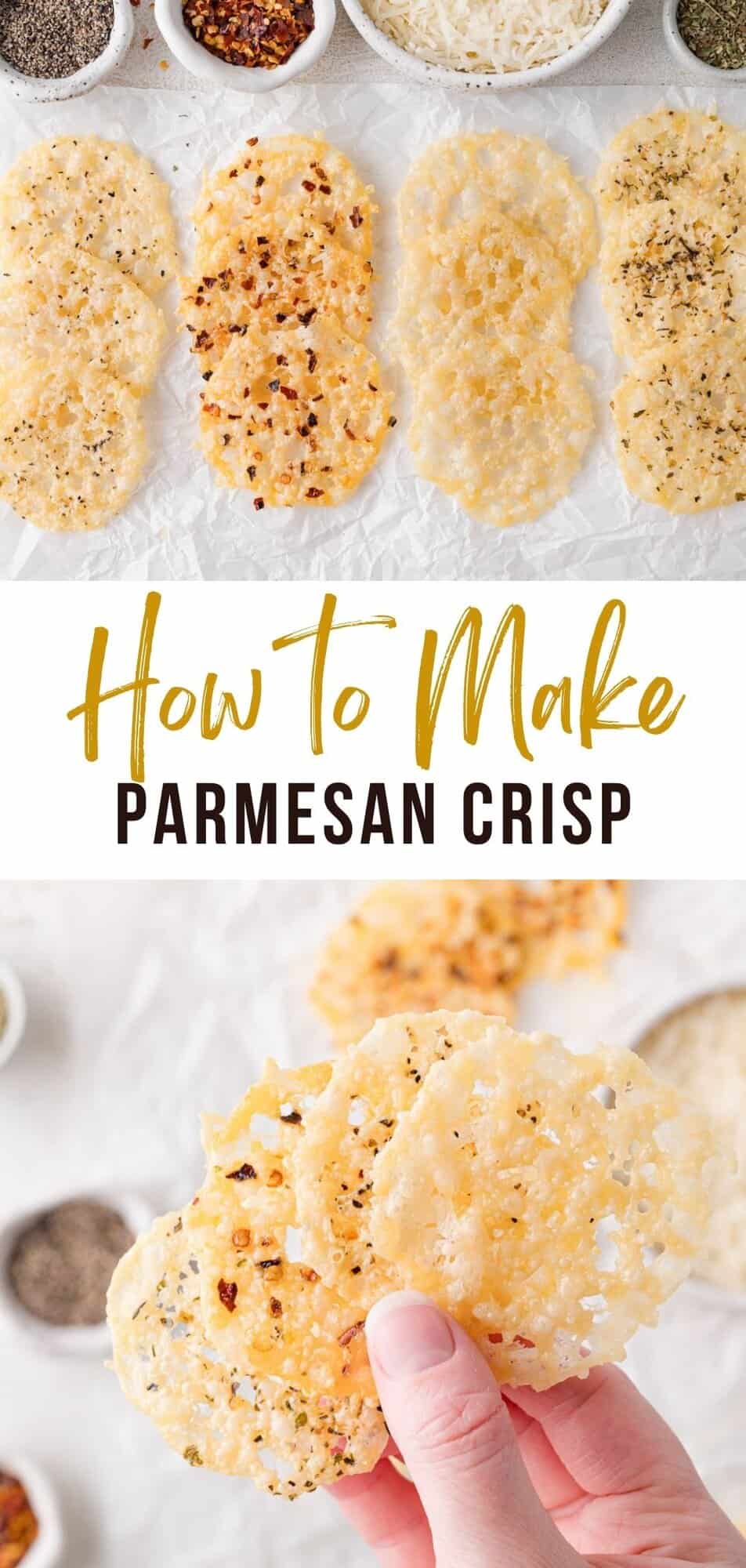 Parmesan crisp Pinterest graphic with text and photos.