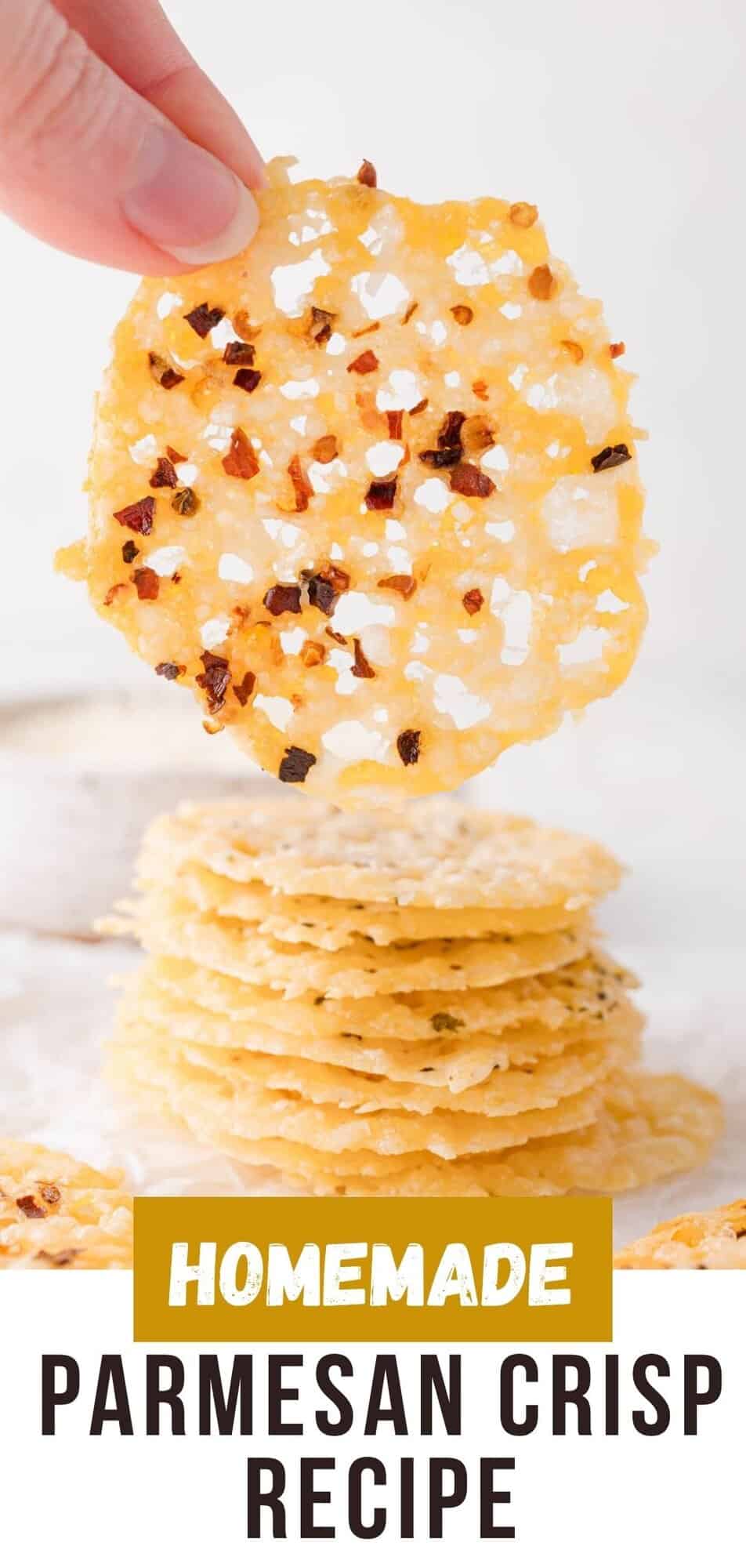 Parmesan crisp Pinterest graphic with text and photos.