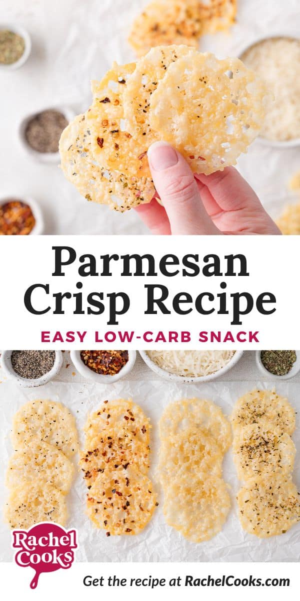 Parmesan crisp Pinterest graphic with text and photos.