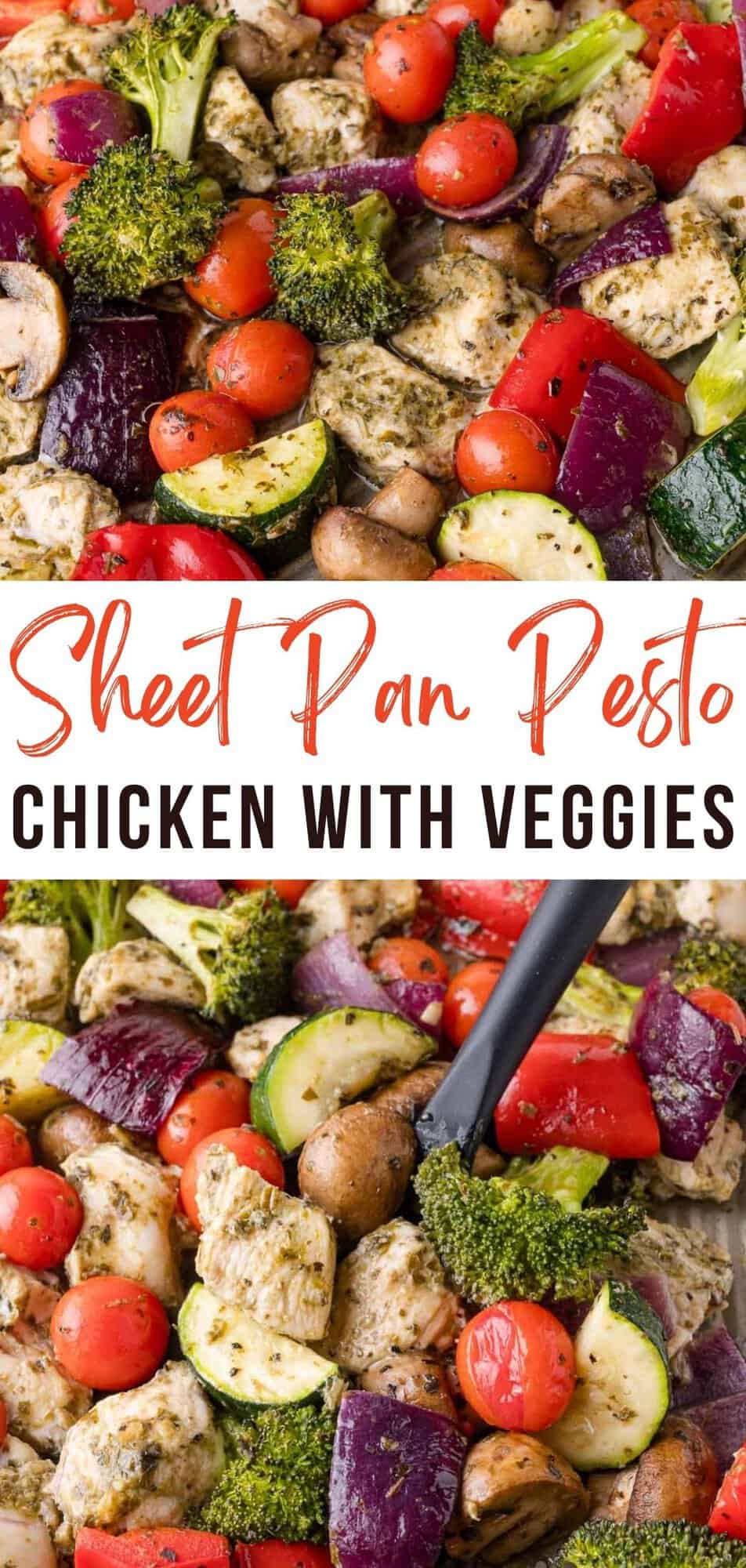 Sheet pan pesto chicken Pinterest graphic with text and photos.