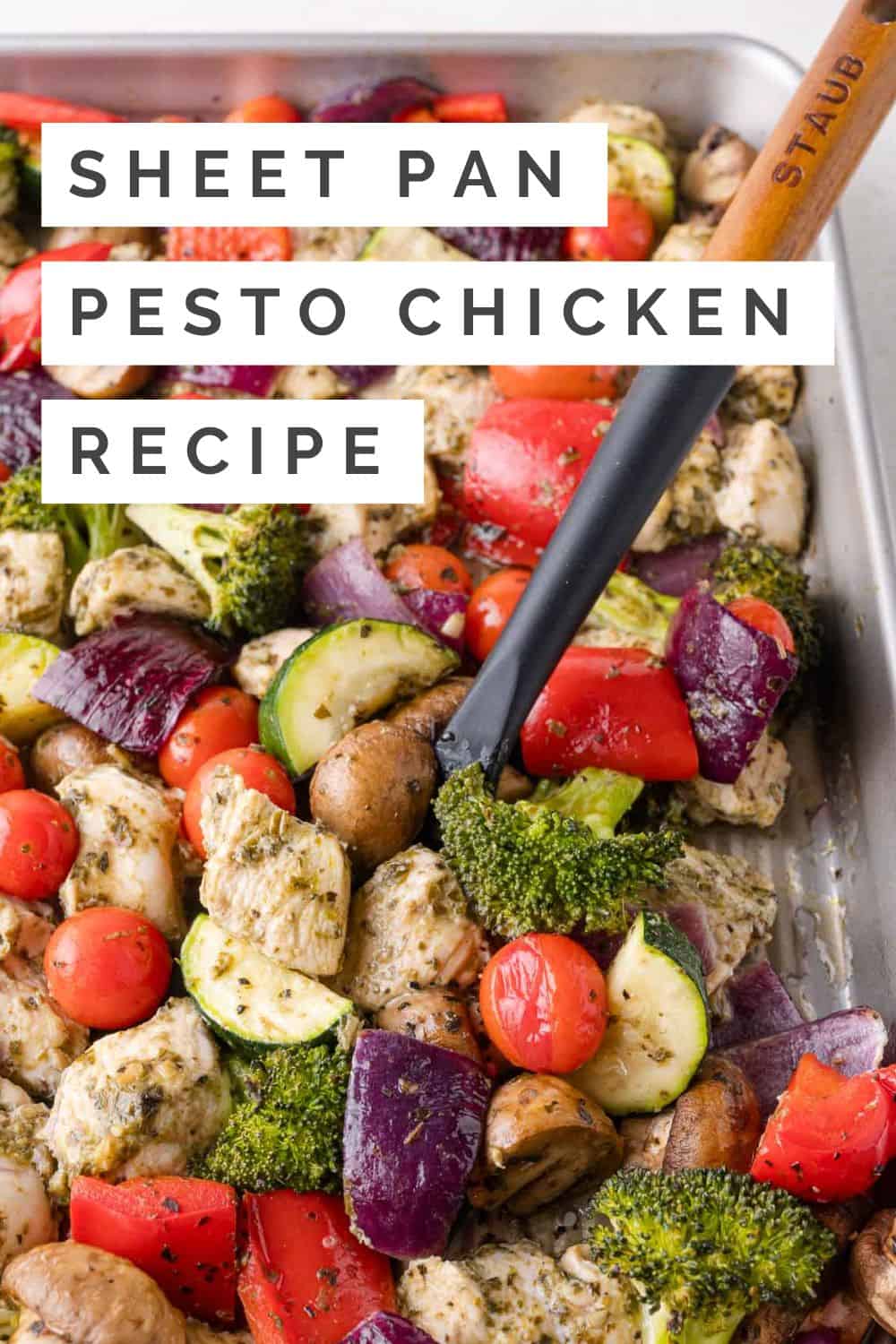Sheet pan pesto chicken Pinterest graphic with text and photos.
