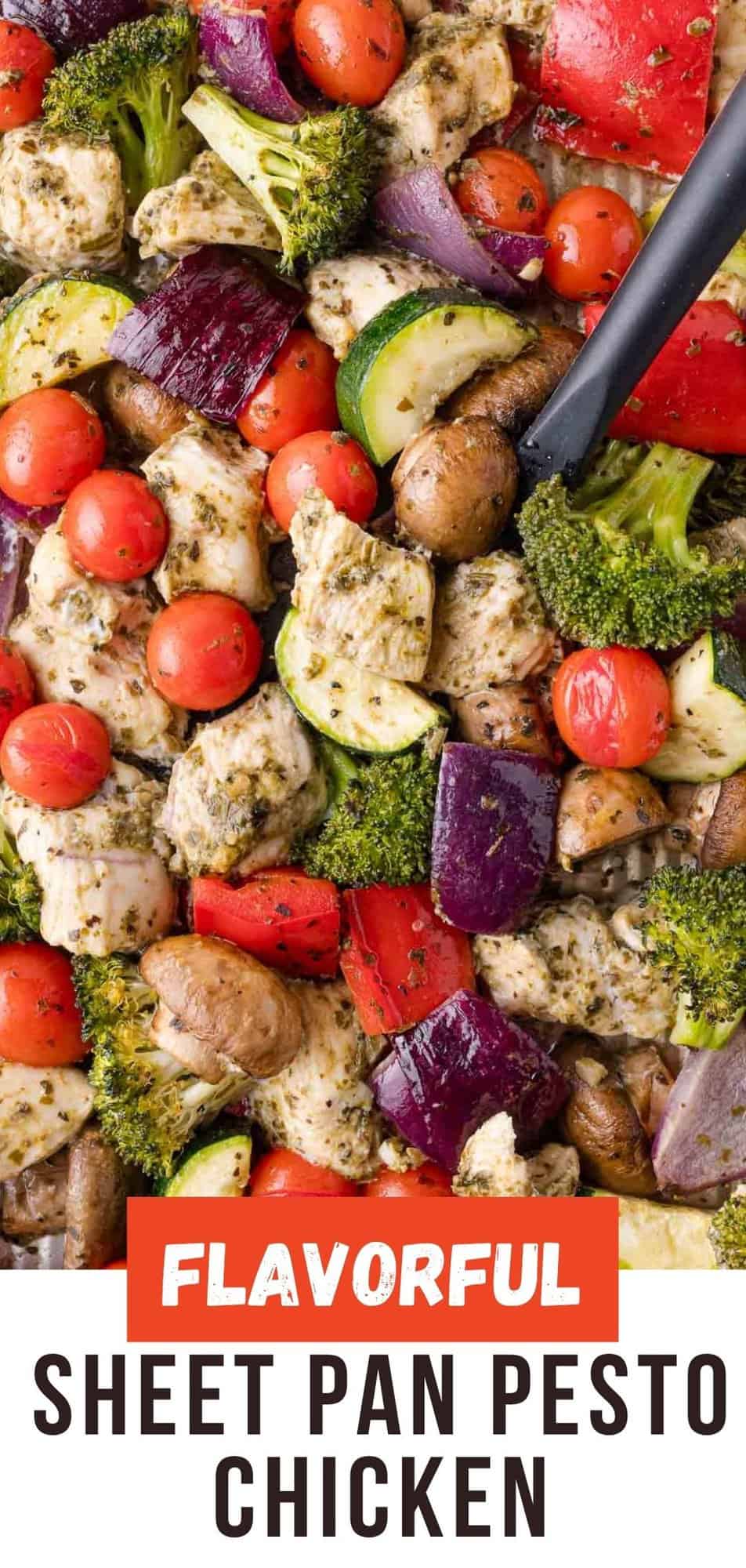 Sheet pan pesto chicken Pinterest graphic with text and photos.