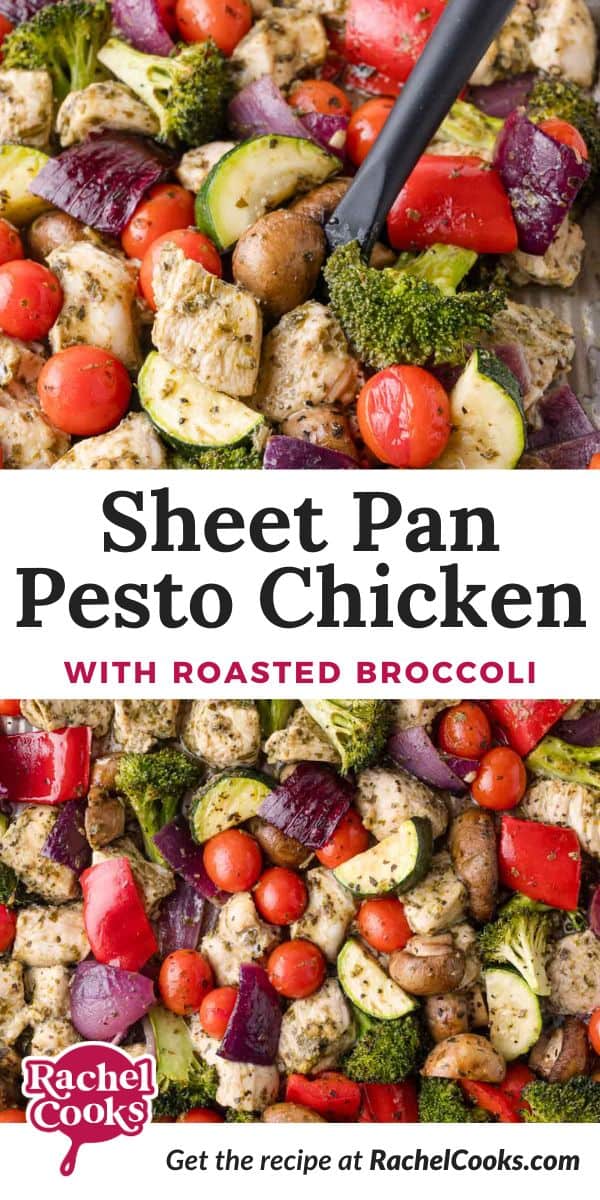 Sheet pan pesto chicken Pinterest graphic with text and photos.