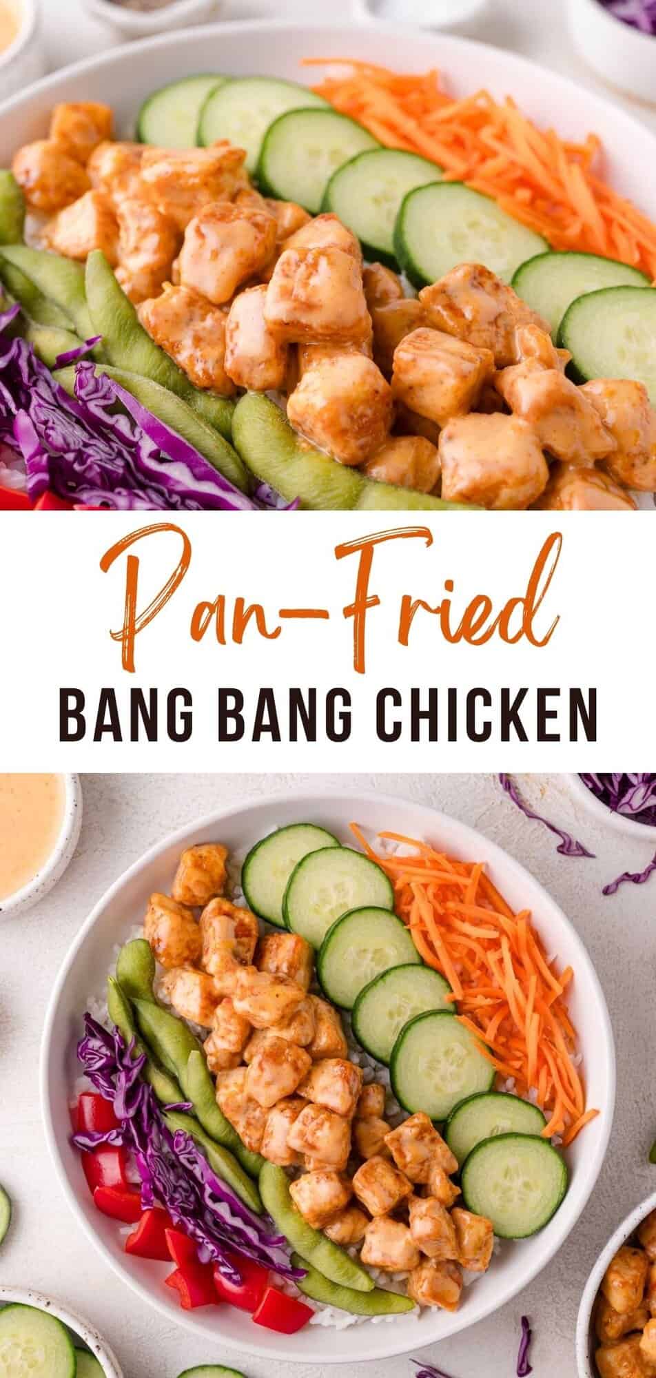 Bang bang chicken Pinterest graphic with text and photos.