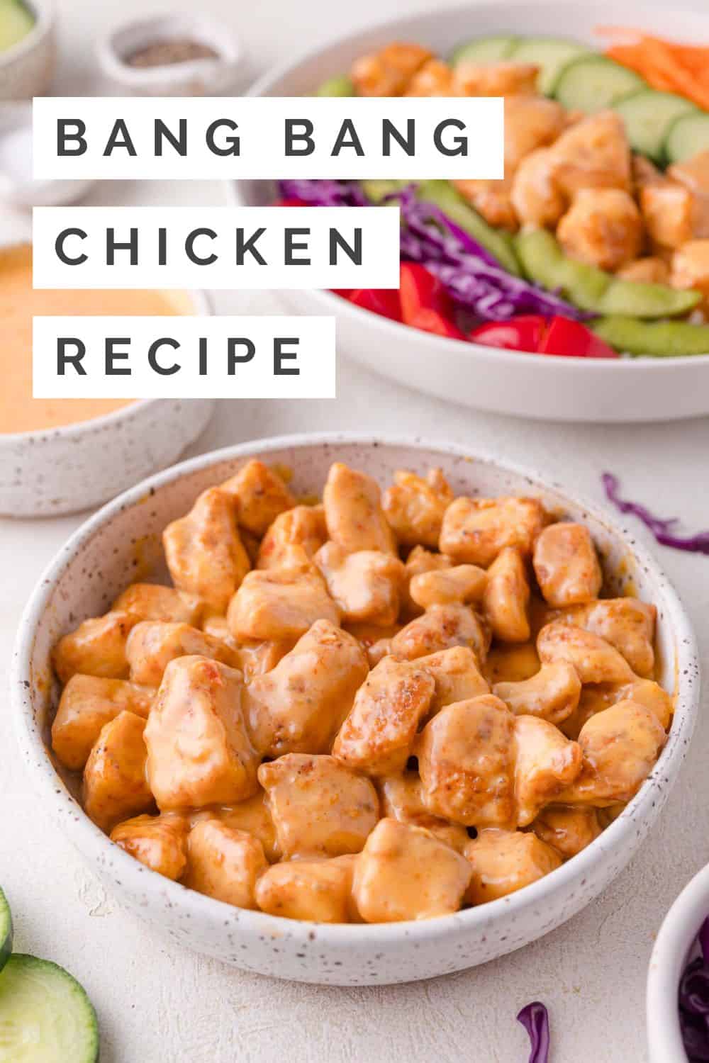 Bang bang chicken Pinterest graphic with text and photos.