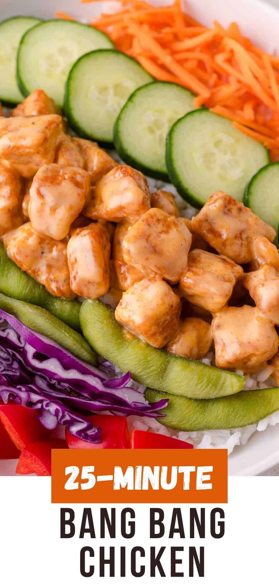 Bang bang chicken Pinterest graphic with text and photos.