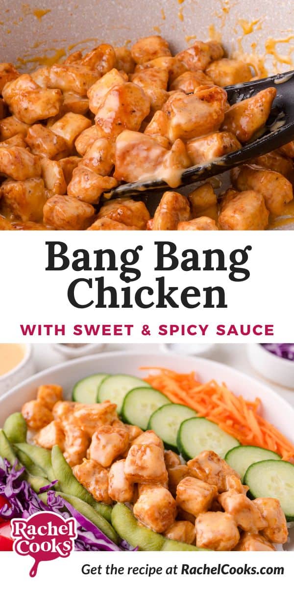 Bang bang chicken Pinterest graphic with text and photos.