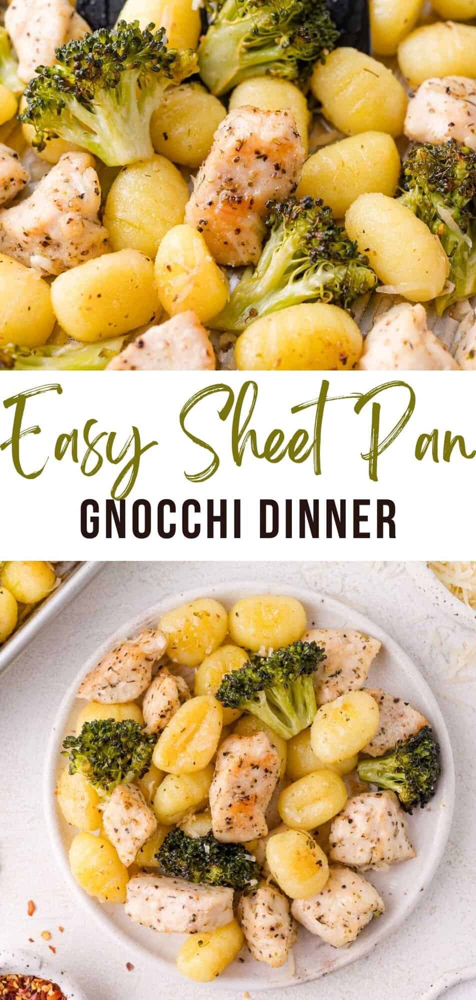 Garlic Butter Sheet Pan Gnocchi Dinner Pinterest graphic with text and photos.