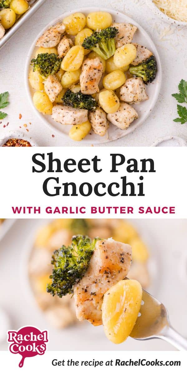 Garlic Butter Sheet Pan Gnocchi Dinner Pinterest graphic with text and photos.