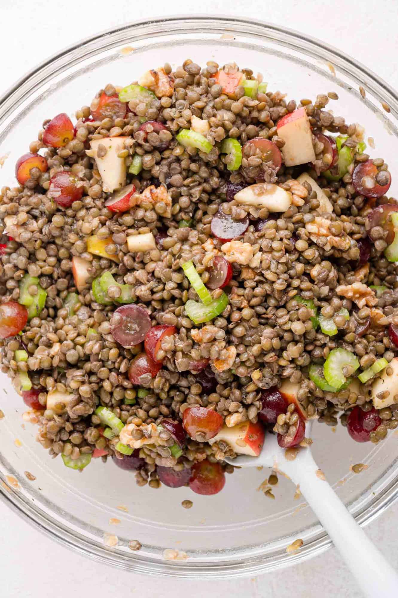 A glass bowl filled with lentil salad containing chopped celery, red grapes, walnuts, and apple pieces, mixed with a white spoon.